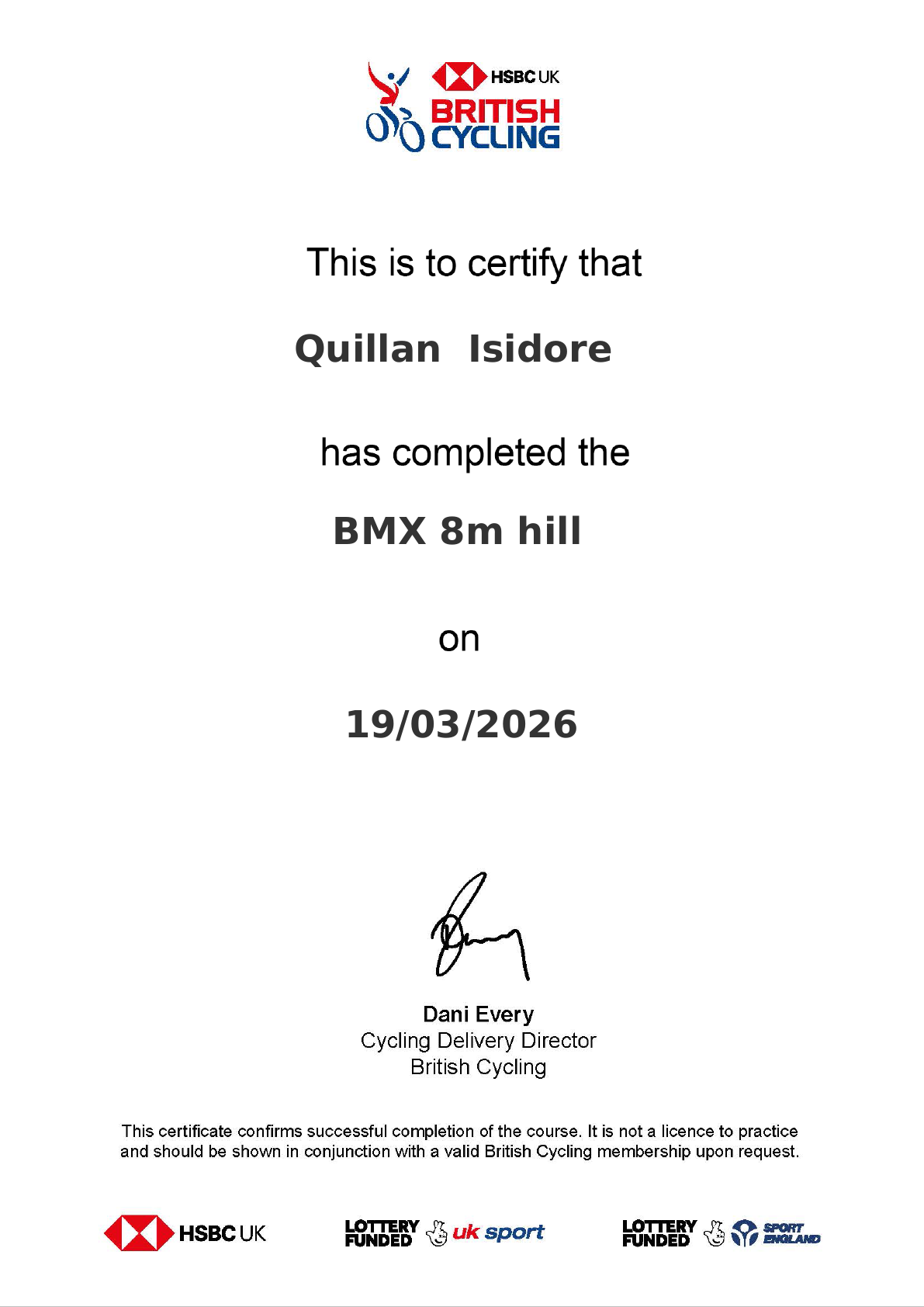 British Cycling BMX 8m Hill certificate for Quillan Isidore