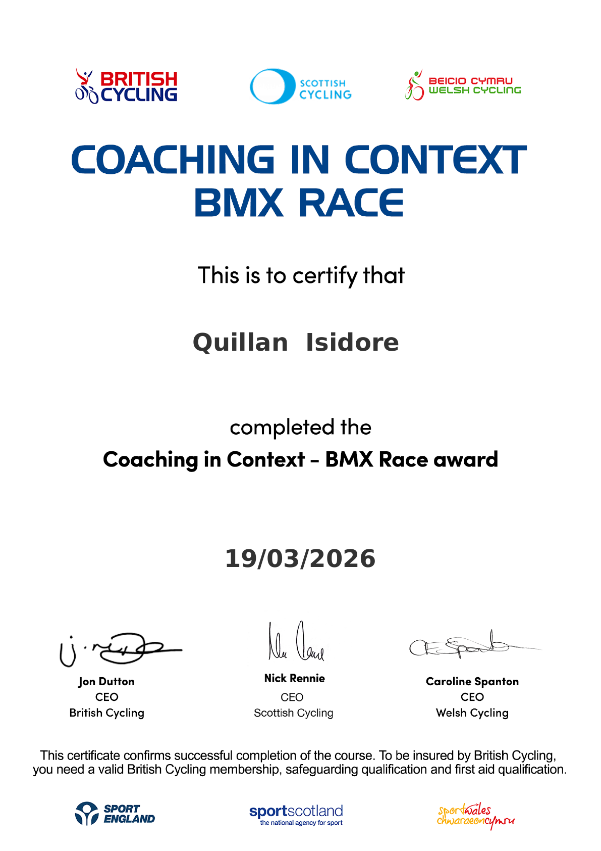 British Cycling Coaching in Context BMX Race certificate for Quillan Isidore