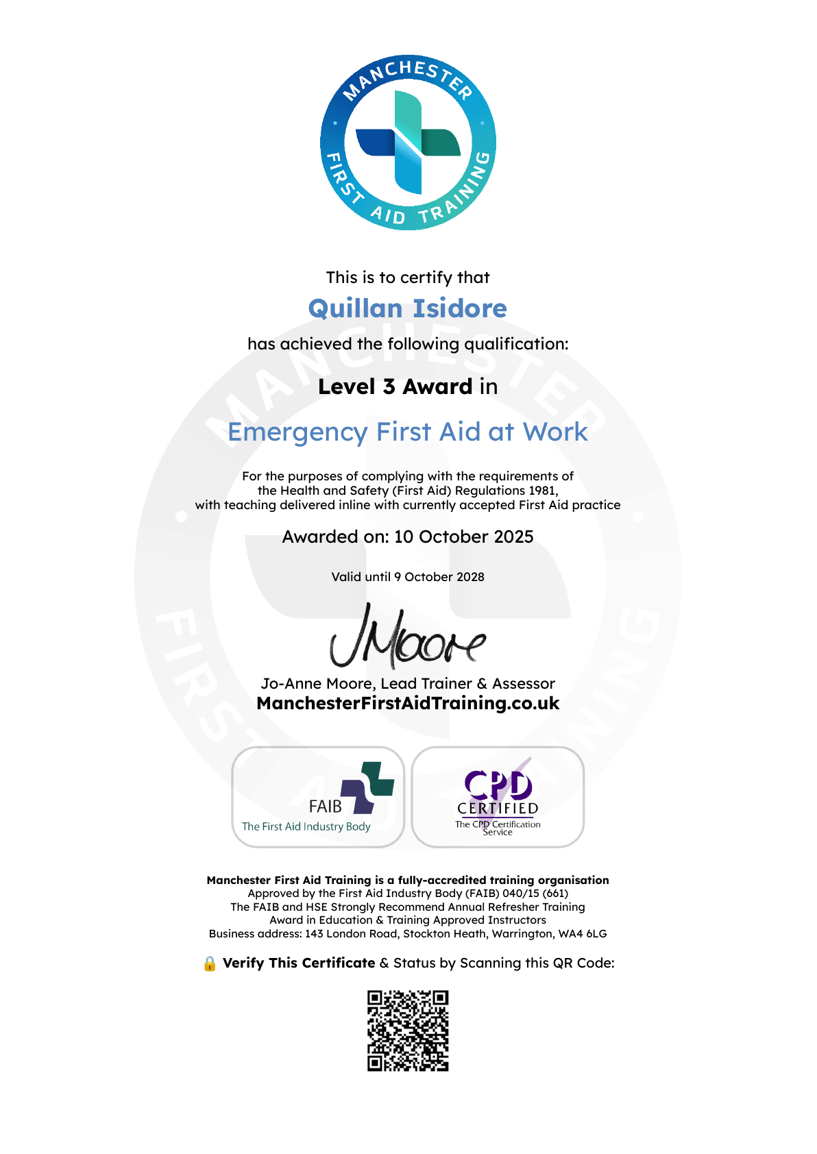Level 3 Emergency First Aid at Work certificate for Quillan Isidore