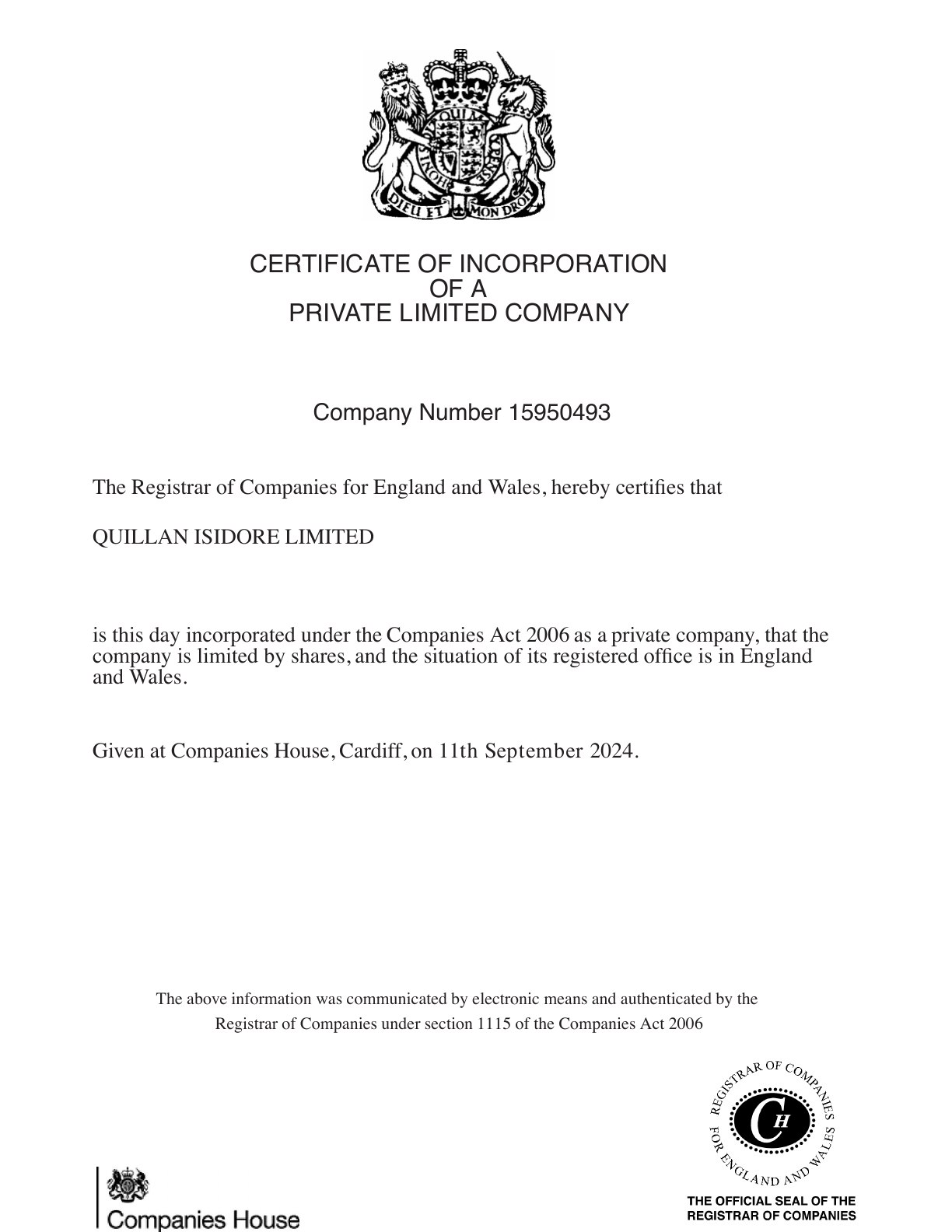 Certificate of incorporation for Quillan Isidore Limited