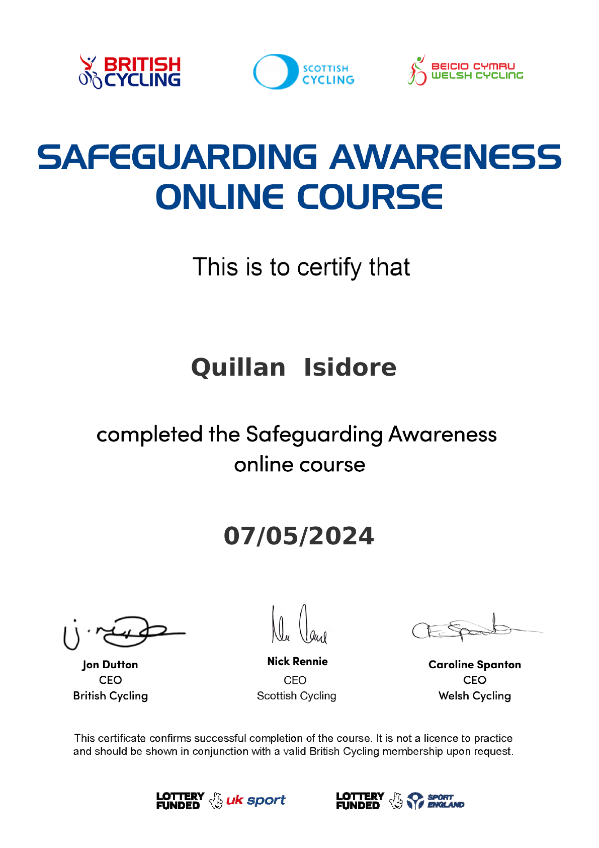 Safeguarding Awareness certificate for Quillan Isidore