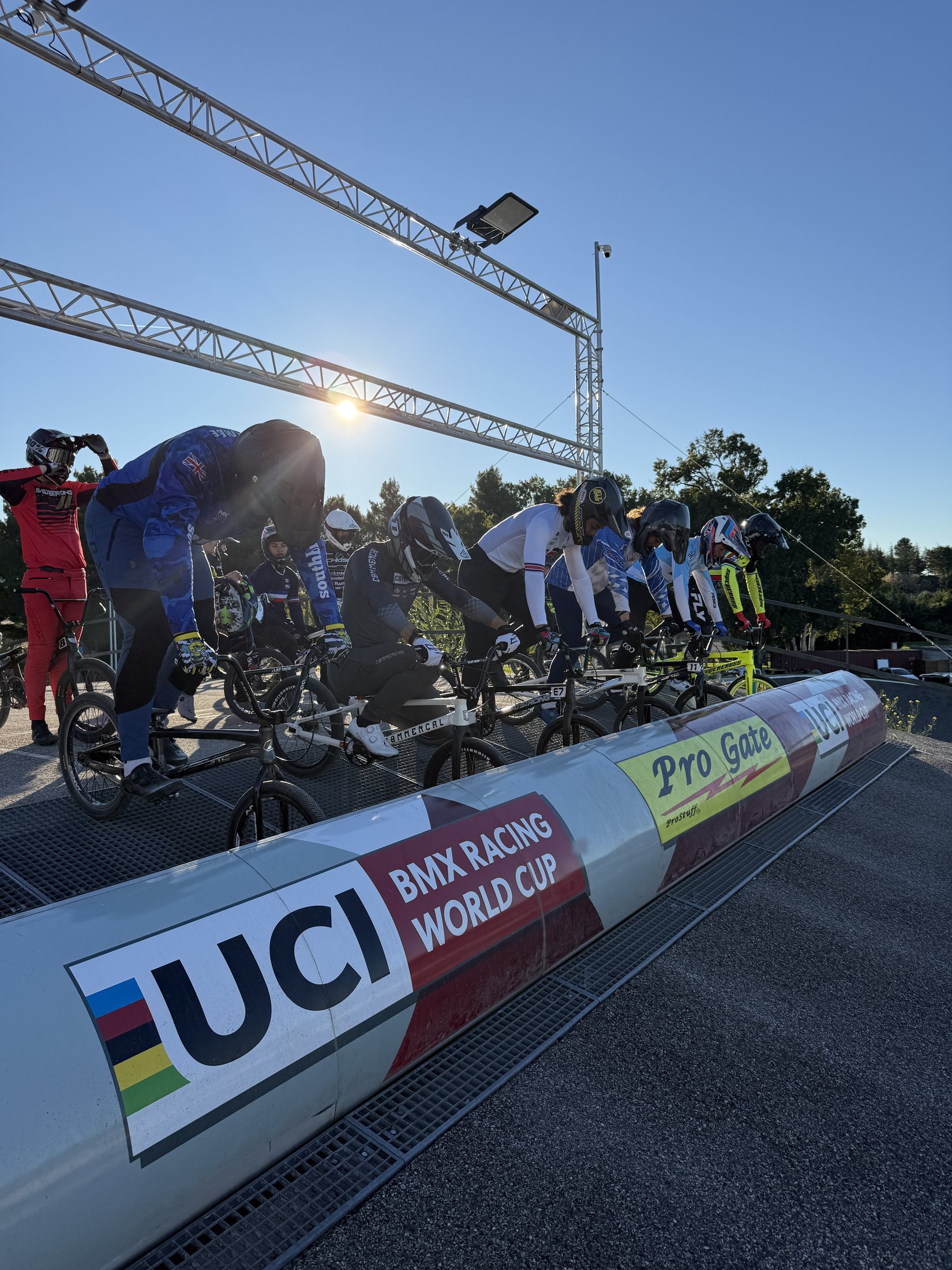 Riders preparing on the Sarrians World Cup start gate